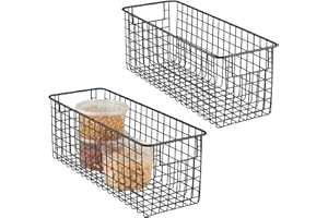 mDesign panier de rangement (lot de 2) – corbeille de rangement profonde en métal – panier métal compact, en métal avec poignées – panier métal universel avec grillage – noir mat