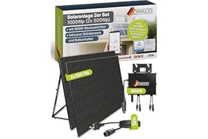 SCHWAIGER Balkonkraftwerk 2er Set mit Full Black Solarpanels 1000Wp I 2×500Wp Solarmodule inkl. Alu‑Ständer, 800W WiFi‑Wechselrichter & 5m Kabel I Plug & Play Solaranlage für Balkon & Garten