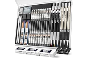 Nicpro 35 Pièces Porte-Mines Artistiques en Métal, Crayon Mécanique Criterium 0,5, 0,7, 0,9 mm et 3 Pièces Porte Mine 2 mm avec 20 tubes de Recharges(Couleurs 6B 4B 2B HB 2H 4H) pour Dessin D'esquisse