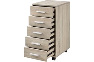 [en.casa] Cassettiera con Ruote per Archiviazione Mobile da Ufficio con 5 Cassetti Schedario per Studio Comodino con Rotelle Tavolino Laterale 63 x 33 x 38 cm - Effetto Rovere Sonoma