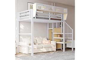 Wyibwy Letto a soppalco 90x200 cm in struttura metallo,letto a castello 90x200 con scaletta di sicurezza e vano contenitore flessibile,letto singolo per bambini,senza materasso,Bianco
