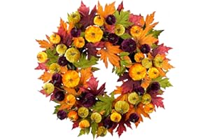 YULETIME 24" Christmas Wreath, Artificial Holiday Wreath with Baubles, Berries, Leaves, Spruce Branches, Snowy Pine Needles (Pumpkin & Maple Leaf)