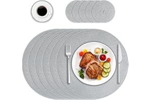 HPMAISON Grey Round Placemats and Coasters Set of 6, Polypropylene Braided Woven Table Mats Heat-Resistant Washable Kitchen Dining Place Mats Set of 6 for Home, Restaurant Hotel, Outdoor, Party