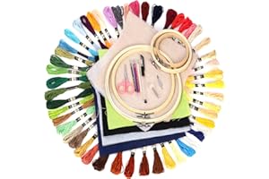 Glarks Juego de bordado de tela de lino incluye 50 hilos, 6 paños, 6 aros de punto, 10 agujas