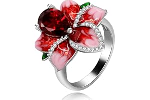 Uloveido Mädchens schöne rote Emaille Rose Ring für Frauen Bloom Blume Ringe mit Birne Cut Zirkonia Cocktail Sommer Ring RA627