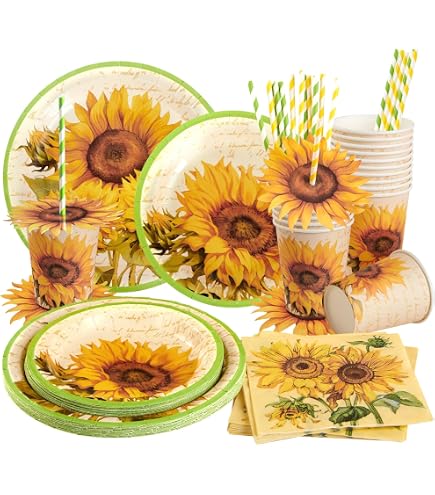 Sonnenblumen-Partygeschirr-Set Für 20 Personen | Inkl. Teller, Becher, Servietten, Strohhalme & Tischdecke (220x130 Cm) | Einweg-Papier Für Einfache Dekoration