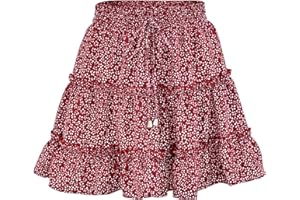 LAEMILIA Womens Elastic Waist Flared Short Skirt Floral Print Pleated Mini Skater Skirt with Drawstring