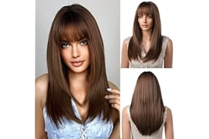 ‎OUFEI OUFEI Braune Perücken für Frauen Lange Perücke mit Pony Gerade Perücken Synthetisches Haar Hitzebeständige Perücken für tägliche Party Cosplay Tragen