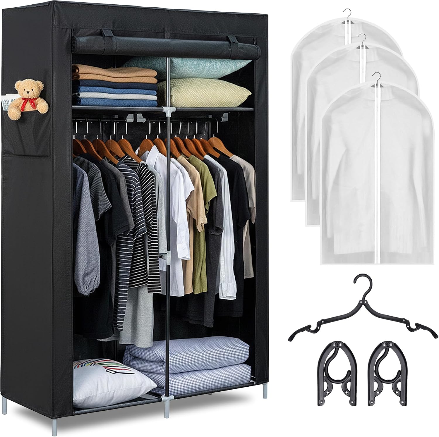 BILSOS Armario de tela105x45x165cm con 2 Barras para Colgar, 4 estantes, 3 Perchas Plegables y 3 Fundas, Armario ropero Tipo Burro Ropa Resistente - Closet Organizador