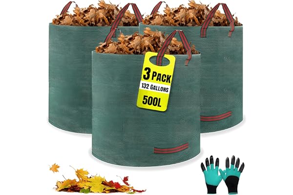 Lanyesky 3 x 500L sacs de jardin, sacs à déchets de jardin gants inclus, 4 poignées, autonome, imperméable, sac à feuilles durable et résistant à la corrosion, adapté aux déchets de jardin (3x500L)