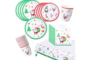 Amycute Christmas Party Tableware Set 24 Guests, Christmas Paper Plates Cups Napkins Tablecloth for Christmas Party Supplies Table Decoration