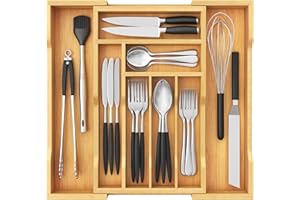 Lifewit Bandeja para cubiertos para cajones, profundidad de 38 cm, bandeja de cubiertos extensible de hasta 46 cm de ancho, cajón de cocina, organizador de cubiertos de bambú, para cucharas, tenedores