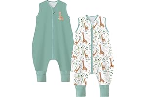 Chilsuessy Baby Sommerschlafsack mit Füßen 2er Pack 0.5 Tog Kleine Kinder Schlafsack mit Beinen 100% Baumwolle Schlafstrampler für Jungen Mädchen, Grün + Giraffe, 80cm/Baby Höhe 90-100cm