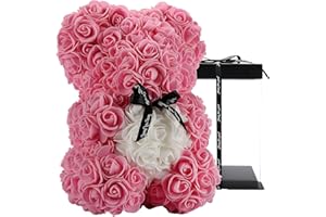 ROSEBEWU Rosenbär - Rose Teddybär 10 Zoll Hugz Teddy Blumenbär - Über 250 Dutzend künstliche Blumen - einzigartige Geschenke, Geschenke für Frauen Klare Geschenkbox (pink)