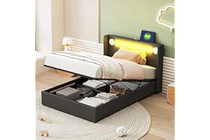 Huayz Lettino imbottito per bambini, 90 x 200 cm, con striscia luminosa a LED, lettore Bluetooth e ricarica USB, in pelle PU, con contenitore a soppalco, letto per ragazzi con rete a doghe (nero, 90 x