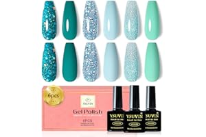 YSUVIN Semipermanente Unghie, 6 Colori Ciano Verde Azzurro Glitter Verde Smalto Semipermanente Unghie, Smalto Unghie Soak Off UV/LED Lampada Nail Art Gel Unghie Set, 8ml