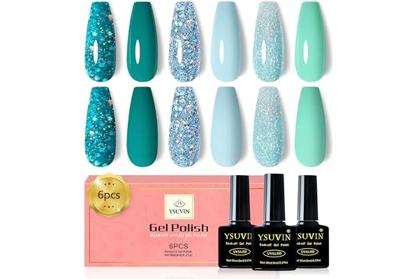 YSUVIN Vernis Semi Permanent, 6 Couleurs Vert émeraude Turquoise Cyan Bleu Vert Océan Crystal Pailleté Vernis à Ongles Soak Off UV/LED Vernis Gel Nail Art Salon DIY à La Maison, Noël Cadeaux
