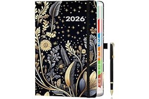HWXBEN Agenda 2026 Journalier – A5 Planificateur Quotidien Janvier-Décembre, 1 Page par Jour, Onglets Colorés, Motif Floral, Porte-stylo, Couverture Rigide Noire