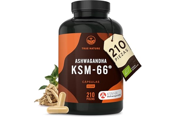 KSM-66 Ashwagandha ecológica – 210 cápsulas (Formato ahorro) – Alta potencia 600 mg – Withania somnifera (Ginseng indio auténtico) – Vegano – TRUE NATURE