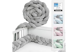 JAKOR Bettschlange in 2 oder 3 Meter - geprüfte ÖKO TEX Qualität - Bettschlange geflochten inkl. Wäschenetz - Babybettumrandung - Bettumrandung Babybett – 300x15x10cm (Grau)