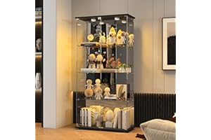BPKADHY Vitrina de cristal, 4 capas, vitrina de cristal, 2 puertas, lámpara LED y cerradura con pared trasera de espejo, vitrina de pie, armario de salón para coleccionables y libros