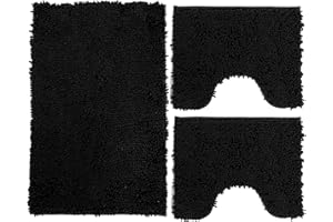 Poligono Set Tappeti Bagno 3 Pezzi in Microfibra, Tappeto Pelo Lungo 50x80 cm, 2 Tappetini Per WC e Water Forma Rettangolare 40X50 cm, Morbido, Antiscivolo, Nero