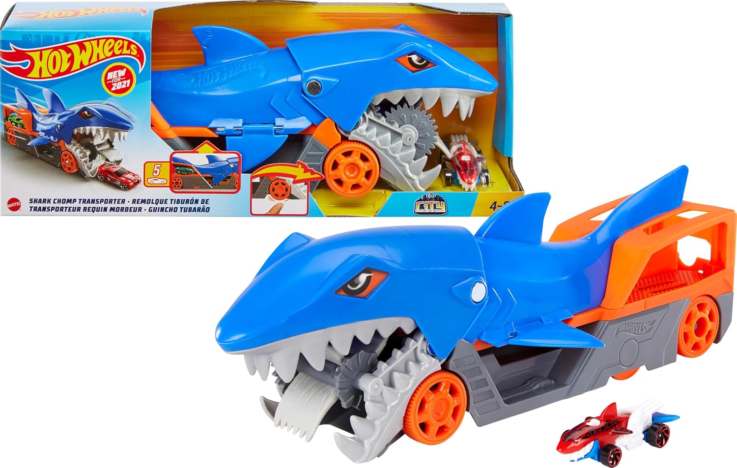 Hot Wheels Tiburón mastica Coches, Guarda y transporta hasta 5 Coches de Juguete Die-Casts (Mattel GVG36)