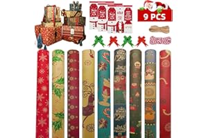 TLOXO Fogli di Carta da Regalo Natale, Inclusi 9 Fogli di Carta Natalizia, 20 Metri di spago, 20 Pezzi di Fiocchi Natalizi e 20 Etichette per Confezione Natalizia