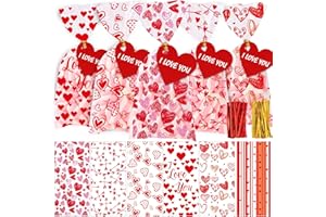 DIYDEC 120pcs Valentines Cellophane Bags, Valentine Red Heart Treat Sweet Candy Cookies Bags with 140 Pieces Twist Ties for Valentine Party Supplies