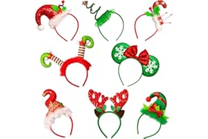Whaline Christmas Headbands 8Pcs Xmas Tree Reindeer Antler Mickey Elf Head Hat Toppers Flexible Red Green Holiday hair Hoops for Christmas Holiday Party Photo Booth Favors