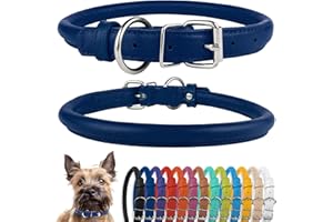CollarDirect Rolled Leather Dog Collar, Soft Padded Round Puppy Collar, Handmade Genuine Leather Collar Dog Small Large Cat Collars Black Pink Red Purple Blue (Fits 9"-12" Neck, Dark Blue)