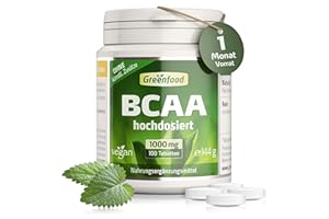 ‎GREENFOOD BCAA, 1000 mg, hochdosiert, 100 Tabletten, vegan - gut Muskelaufbau und Muskelerhalt (Proteine). OHNE künstliche Zusätze. Ohne Gentechnik.