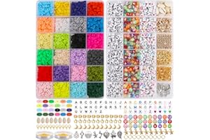 HYCKEE 6000 PCS Clay Beads for Bracelet Making Kit, 24 Colors Flat Round Polymer Clay Beads Kit with 900pcs Letters and Pendant Charms for Jewelry Making, DIY Craft -Heishi Beads, Elastic String