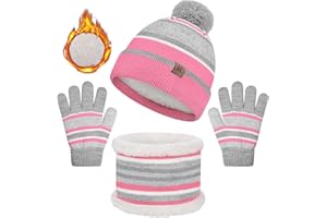 heekpek Berretto Sciarpa Inverno Berretto Scaldacollo Guanti Set Scaldacollo Set sciarpa cofano unisex Caldo Pile Lavorato a Maglia Con Adorabile Pompon Soffice 3-6 Anni