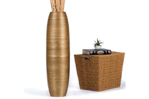 Leewadee Grand Vase A Poser Au Sol pour Branches Décoratives De Pampa, Vase en Bois De Manguier, 90 cm, Doré