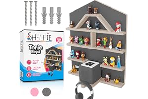 ‎SHELFIE SHELFIE Villa - magnetisches Tonie-Regal für Tonie Box inkl. Ladestation, ca. 50 Tonie Figuren und Kopfhörer - 60x50cm (Grau)