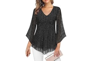 Gemulate Womens Tops Ruffle 3/4 Sleeve Blouses for Women UK Loose Flowy Ladies V Neck Chiffon Tunic Tops Double Layers Mesh Shirts