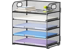 Marbrasse 5 Tier Desk Organiser,Mesh Letter Tray with Handle,Desk File Folder Organiser,Paper File Document Sorter Holder,Office Filing Storage Rack for Home Office School (Black)