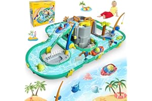JONRRYIN Wassertisch Spielzeug, Wassertisch Kinder Draußen Spielzeug, Strandspielzeug Wasserbahn Set Wasserpark Spielset mit 2 Booten und Angelfunktion, Sommer Wasserspielzeug für Kinder 3+ Jahr