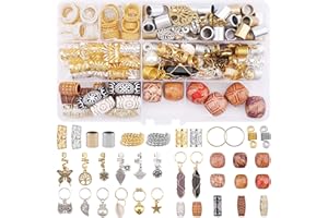EBANKU 184 szt. Biżuteria do włosów na warkocze, dredy Biżuteria do włosów na warkocze, biżuteria Aluminiowe cewki do włosów, starożytny złoty metalowy wisiorek Drewniane koraliki Akcesoria do warkoczy