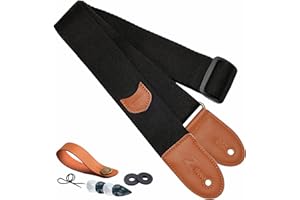 NEFELIBATA Gitarrengurt - Baumwolle Gitarrengurte mit erste Schicht Rindsleder Lederenden und Plektrumtasche - für Elektrische Gitarren, Set inklusive 1 Gurtknöpfen, 2 Gurtschlössern und 4 plektren (Schwarz)
