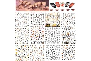 12PCS Halloween Nail Art Stickers Calcomanías,3D Autoadhesivas Calcomanías para Uñas Calcomanías,HOINCO Calabaza/Telaraña/Bruja/Murciélago/Fantasma/Calavera/Sombrero Mágico Decoraciones de Uñas