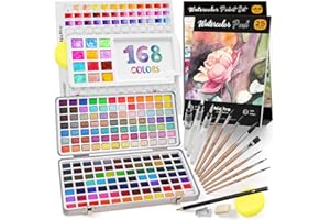 Nicpro 168 colores kit acuarelas de contiene Metallic Macaron y Fluorescente, 8 pinceles, 25 papeles de acuarela, paleta, kit acuarelas profesionales para artistas, niños, principiantes con caja