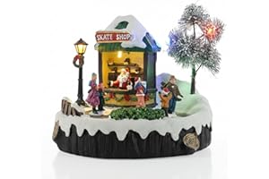 ‎TIN DREAMS FACTORY TIN DREAMS | Eislaufbahn Weihnachten mit Musik, Bewegung und Lichtern | Animierte Weihnachtsszene mit Eisläufern | Beleuchtetes Häuschen für Weihnachtsdorf, Miniatur oder Weihnachtsstadt mit Beleuchtu