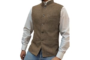 HSLS Mens Herringbone Wool Vests Suit Business Tweed High Collar Waistcoats Slim Fit