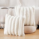 Madizz Plush Faux Fur Throw Pillow Covers 16x16 inch, 40x40 cm Cream White Set of 2 Fluffy Striped Soft Decorative Cushion Co