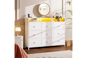 Nicehill Dresser for Bedroom with 9 Drawer,White Dresser with LED Light,TV Stand for Bedroom with Charging Station,Fabric Drawer for Hallway,Closet (White)