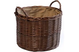 Arthur Cameron Deluxe Circular Wicker Log Basket with Handles & Lining - Large Wicker Storage Basket, Round Log Basket, Round Basket (Small, Distilled Brown)