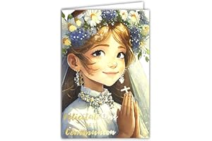 AFIE 68-6004 - Tarjeta de felicitación para tu comunión en oro dorado brillante con sobres de 12 x 17,5 cm para niña cristiana católica en amanecer castiga blanca y corona de flores, fabricación francesa