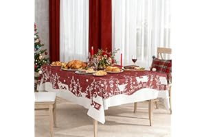 PureHaus Weihnachtstischdecke Rot 150x305 cm, Wasserfest Weihnachten Häuser Baum Elch Tablecloth für Winter Ferien Wohnkultur, Festliche Deko für Weihnachten Silvester